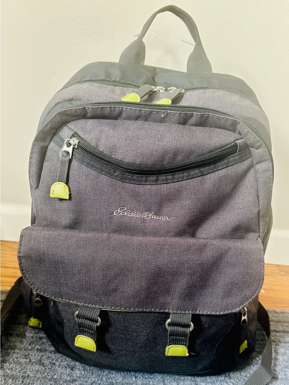 Eddie Bauer Crosstown Diaper Bag - Gray & Green Backpack Unisex 11 Pockets Mint